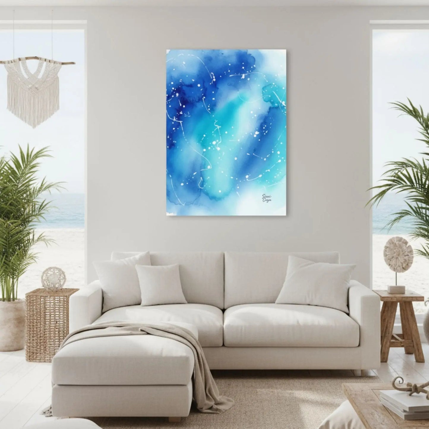 Inner Peace Blue Sky limited edition canvas in a bright beach house living room, radiating calm ocean energy and peaceful clarity.