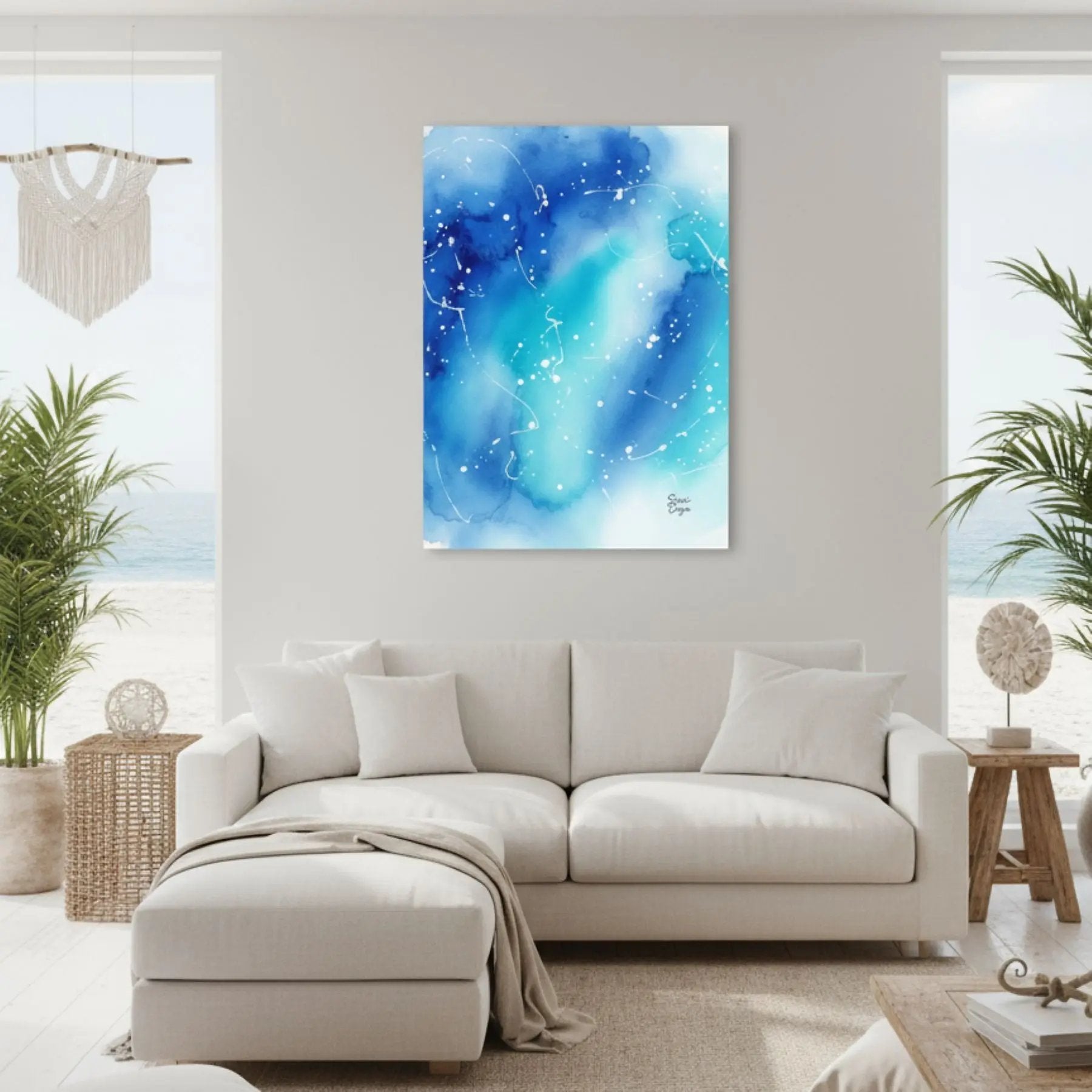 Inner Peace Blue Sky limited edition canvas in a bright beach house living room, radiating calm ocean energy and peaceful clarity.
