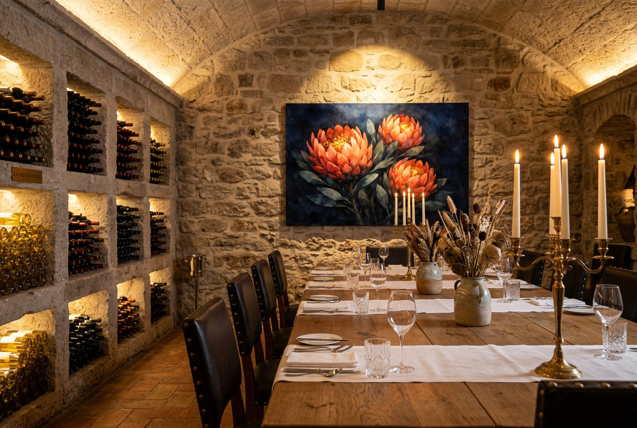 Coral protea blooms glowing against deep navy watercolour darkness. Opulent, nocturnal, precious. Part of the Dark Watercolour trilogy. Exclusive edition