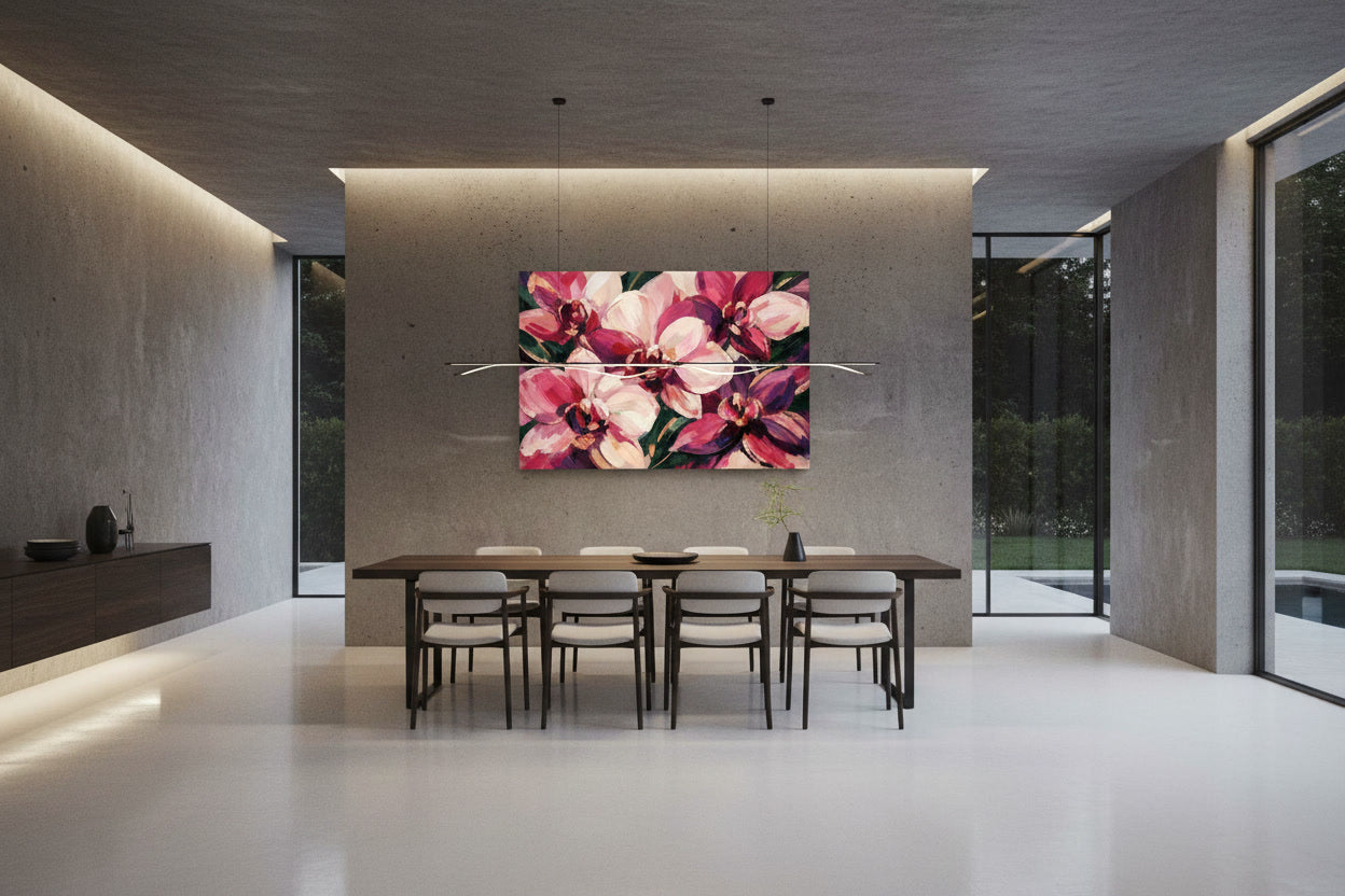 magenta orchids in dining room