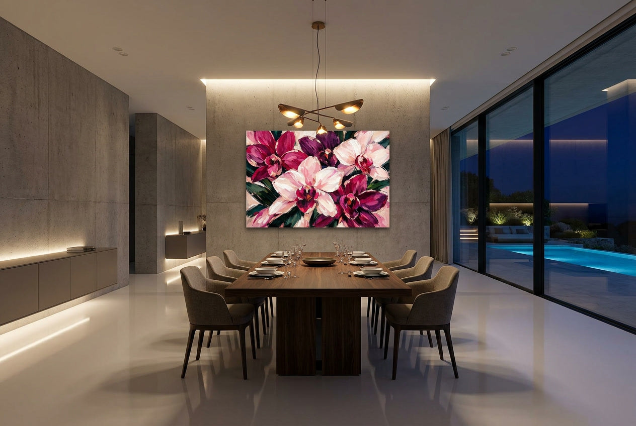 magenta orchids hanged in luxury dining room