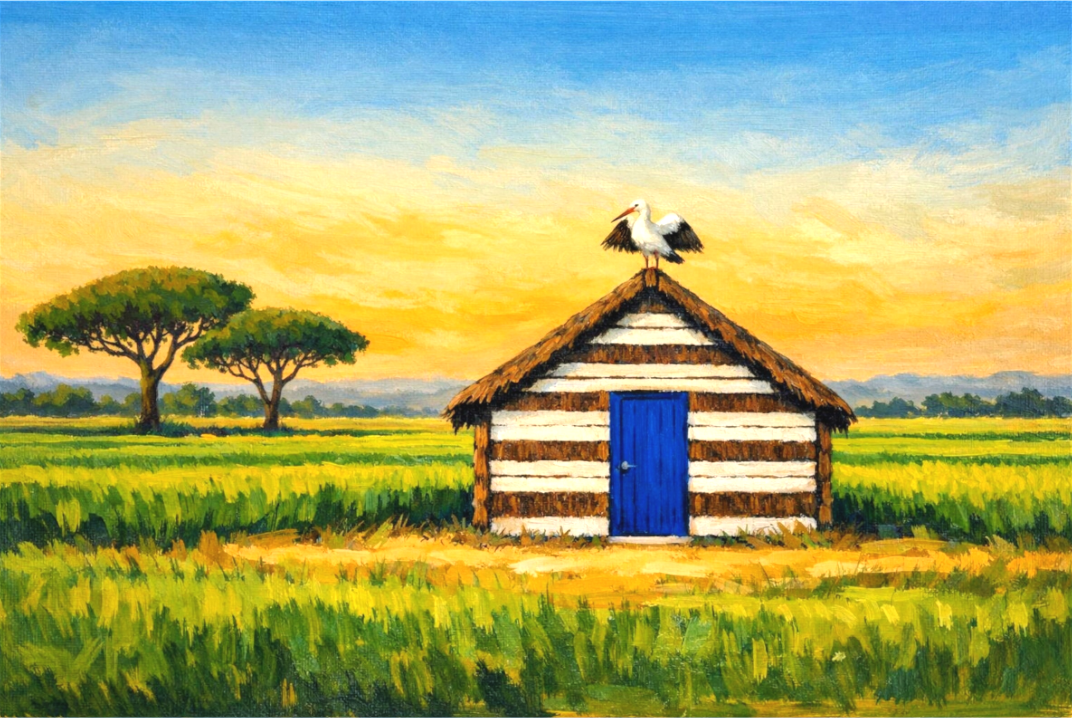 Main image CABIN WITH STORK traditional comporta cabin with stork and pinewoods — Contemporary art by Sensorial Atelier, Comporta Collection