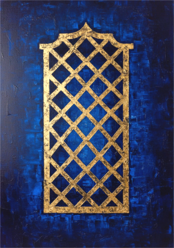 Main image Chimney Lace | Gold on Night Blue -Gold lattice Algarvian chimney crown on deep night-blue ground in contemporary impasto