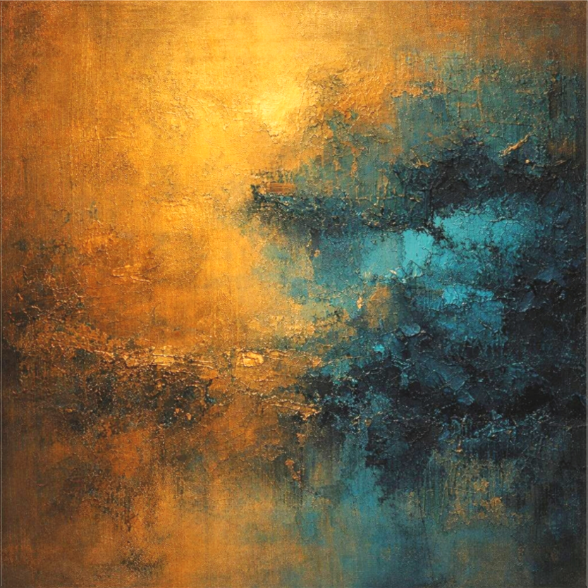  Copper Veil abstract artwork in crimson, amber and dark teal with heavy impasto texture, by Sensorial Atelier