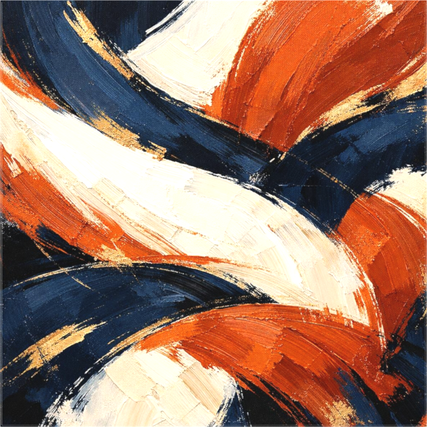 Main image Golden Current — abstract gestural painting with sweeping curves in navy, terracotta and gold by Sensorial Atelier