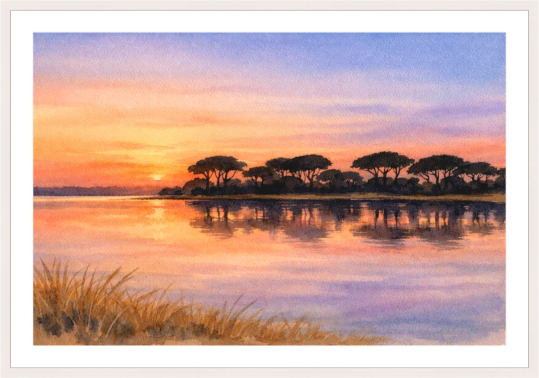 Main image Pink Estuary the sunse colours of estuaey in aquarelle — Contemporary art by Sensorial Atelier, Comporta Collection