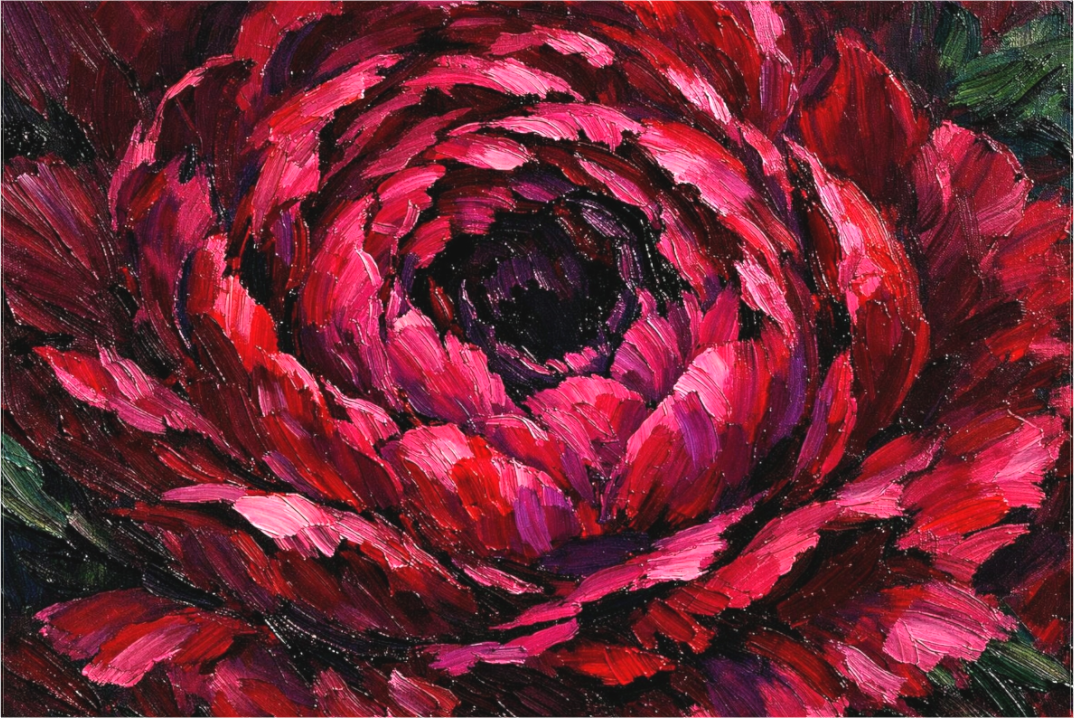 Main image Peony Rubra A single dark peony in deep burgundy spiraling toward a mysterious black center. Dramatic, velvety, intimate. Exclusive edition with certificate of authenticity.