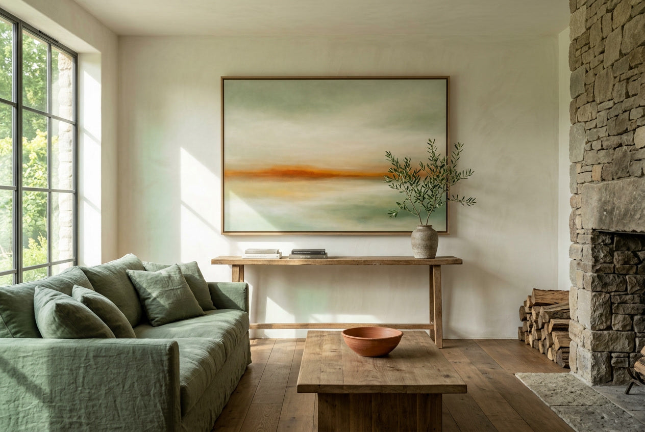 Sage Ember is an earthy abstract landscape in muted sage green and burnt orange Displayed coutry living Room Part of the Horizons Collection by Sensorial Atelier. Exclusive edition for luxury interiors.