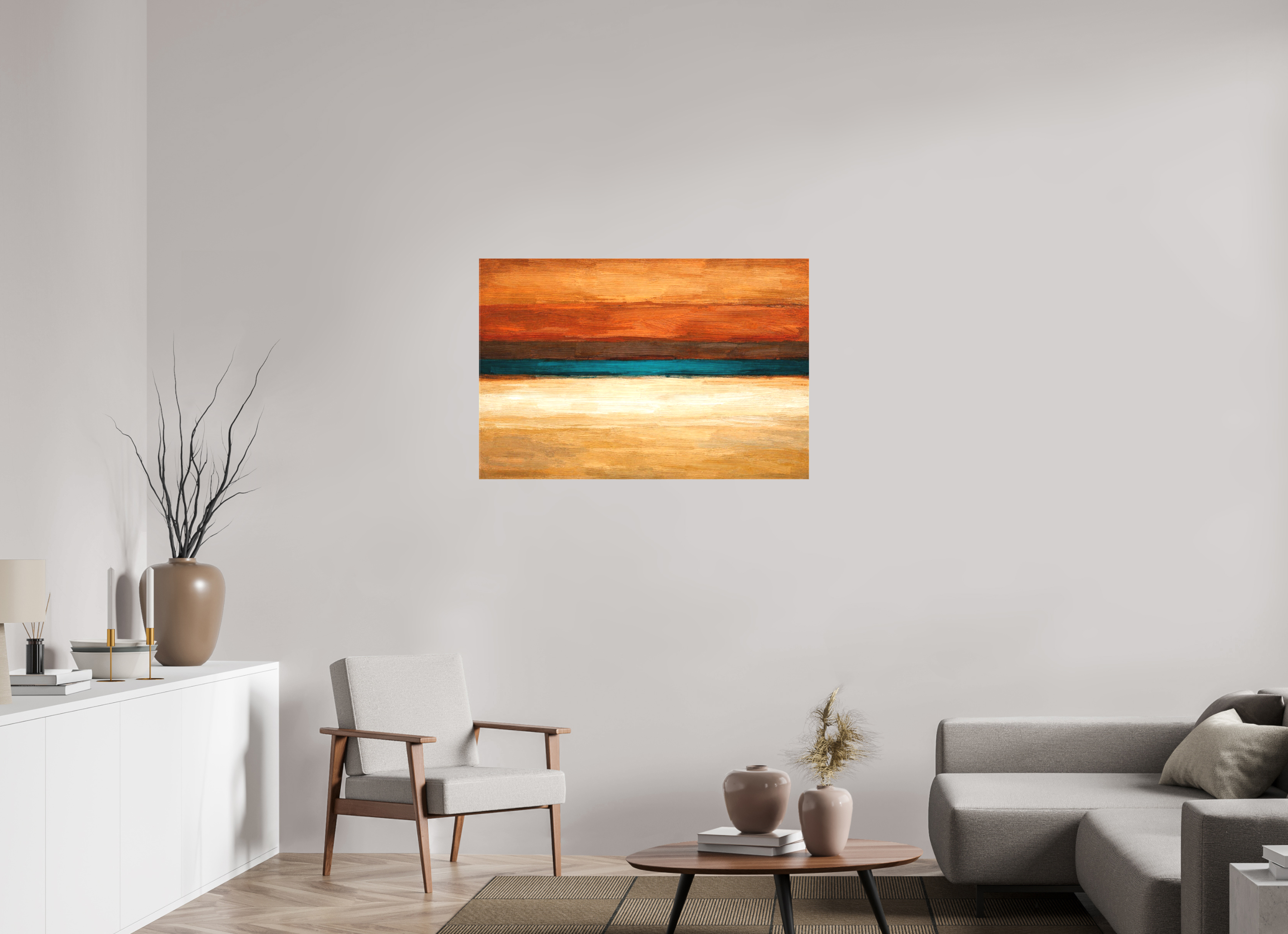 erra Horizon abstract painting in a Mliving room with warm earth tones
