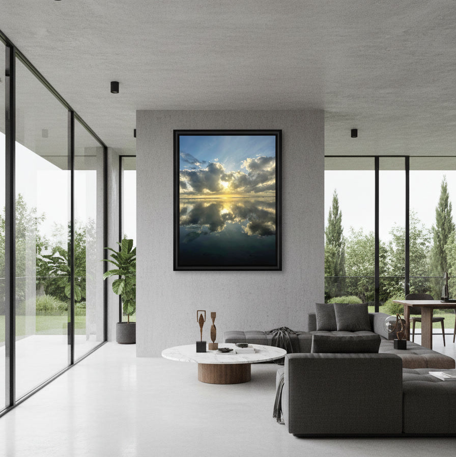 Golden sunrise over dark waters in Tinharé Bahia Brazil - fine art photography by Sensorial Atelier displayed in a modern living room
