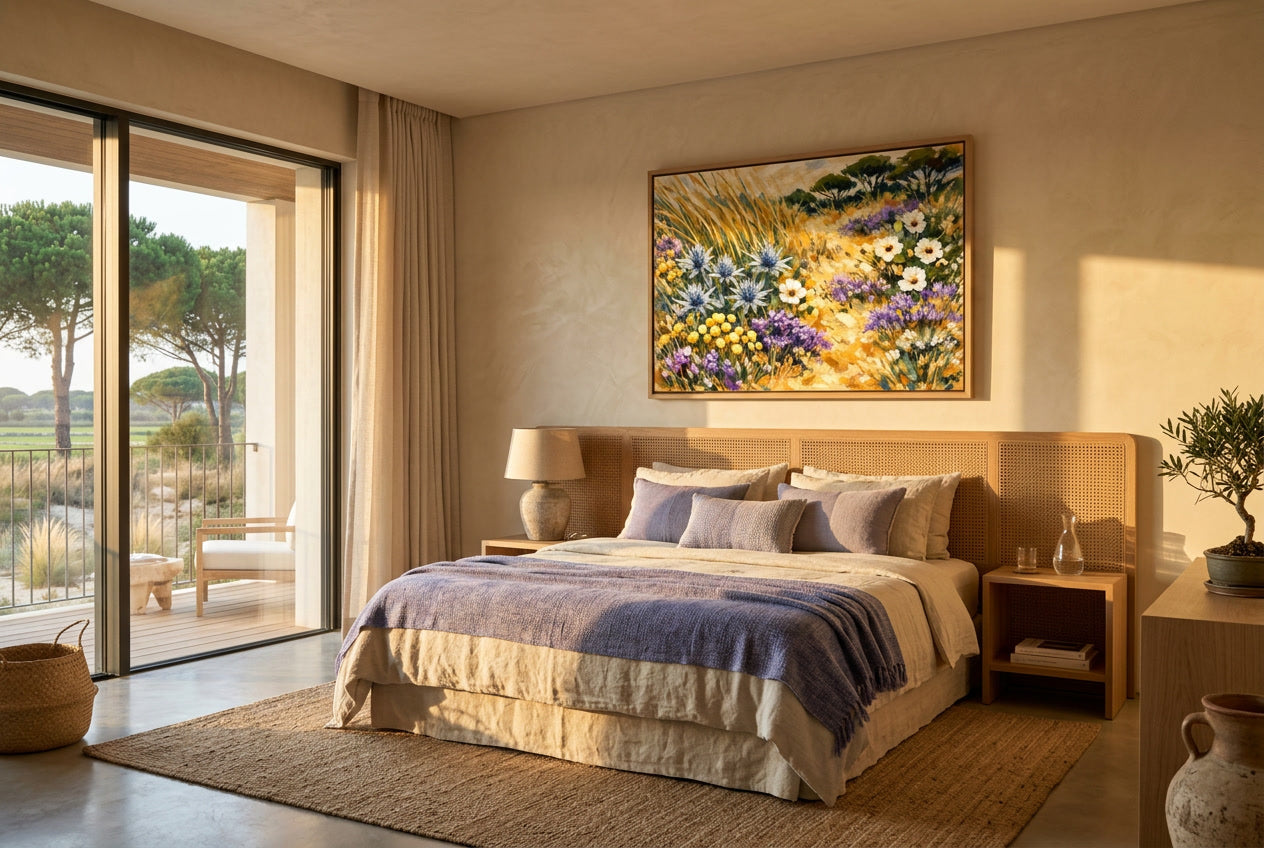 Wild_Comporta_Hotel_Suite. Dense Comporta coastal flora — dune grasses, sea holly, cistus — painted with windswept energy