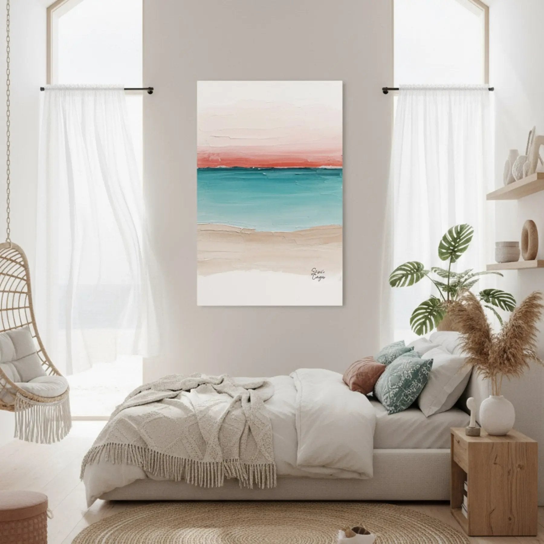 Maldives canvas wall art by Sissi Caya displayed in a bright coastal bedroom with natural decor, part of the Beach Vibes Collection.