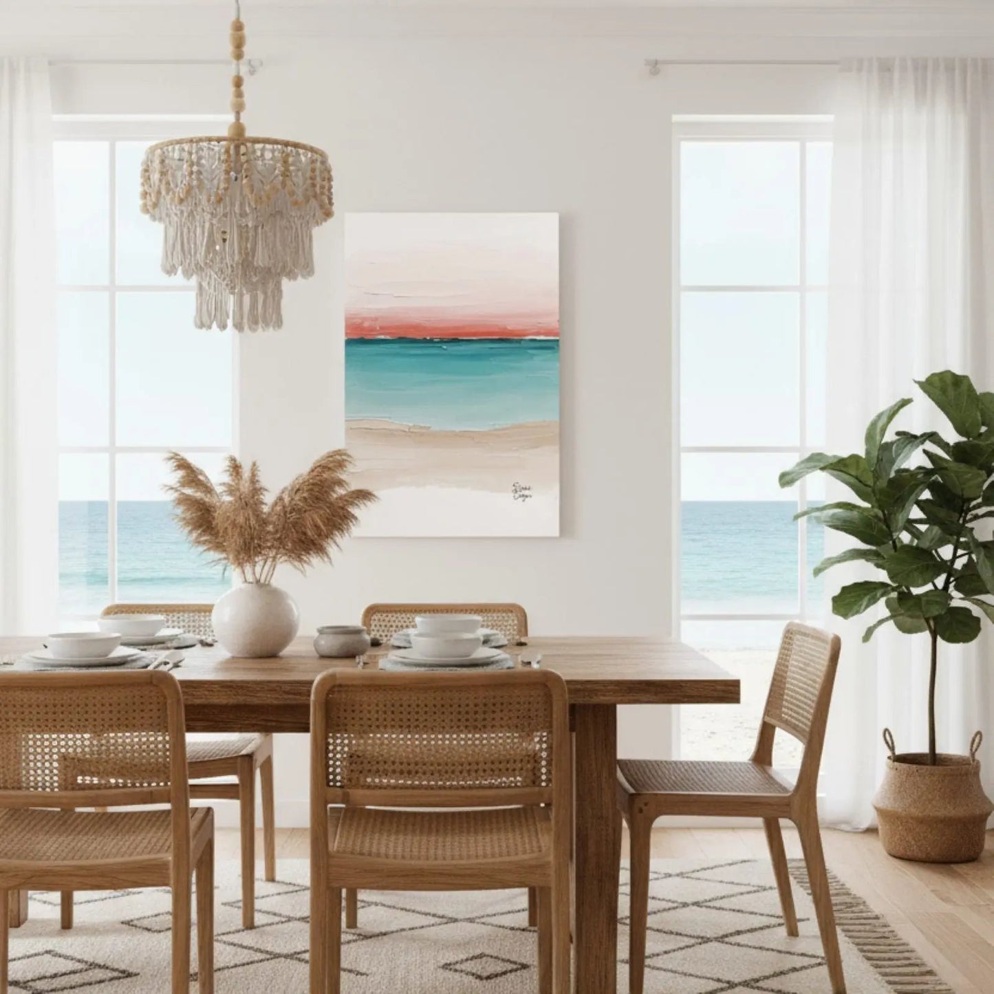 Maldives coastal wall art by Sissi Caya displayed in a bright dining room with ocean view, part of the Beach Vibes Collection.