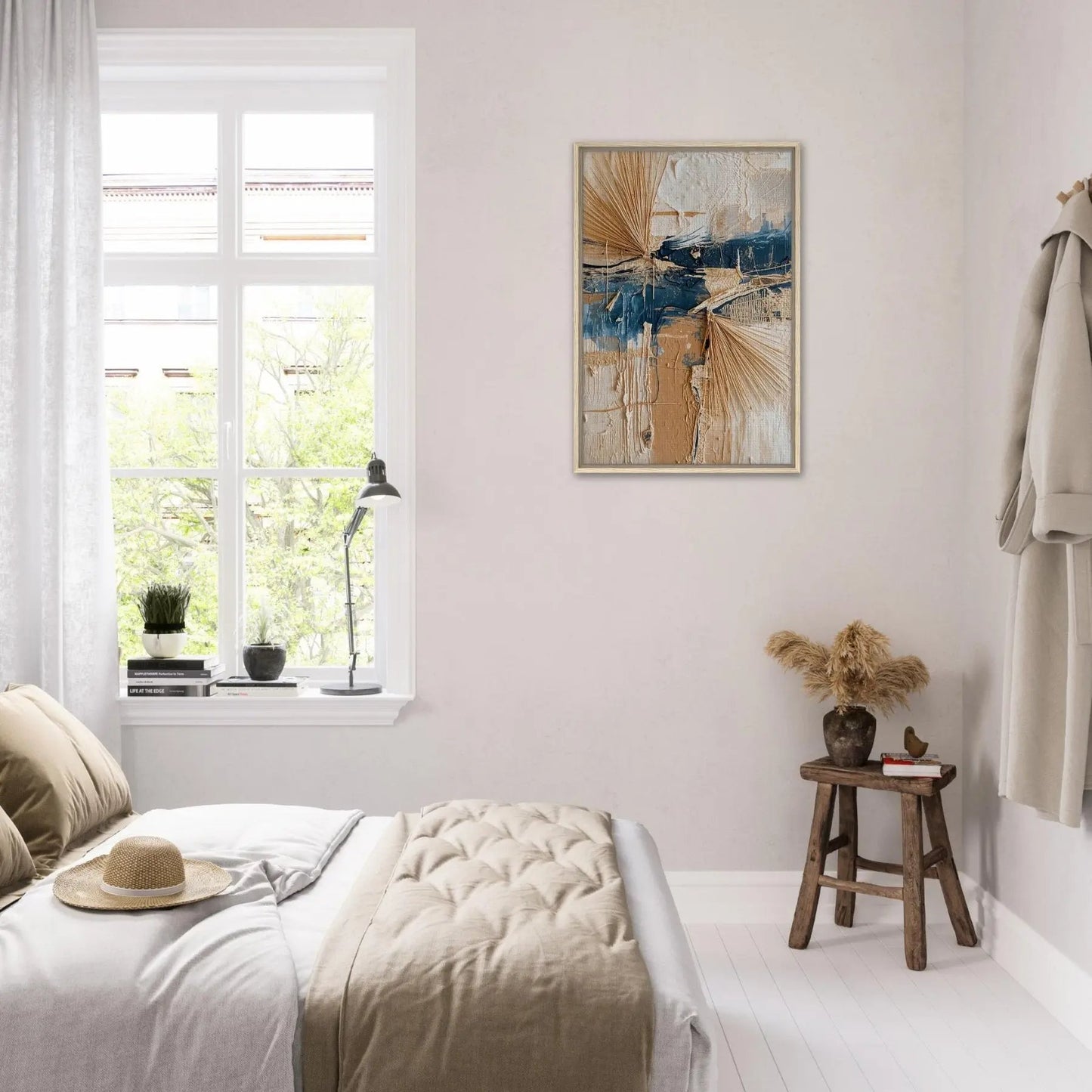 Comporta wall art by Sissi Caya displayed in a minimalist bedroom with natural tones, inspired by Portugal’s serene coastal landscapes.