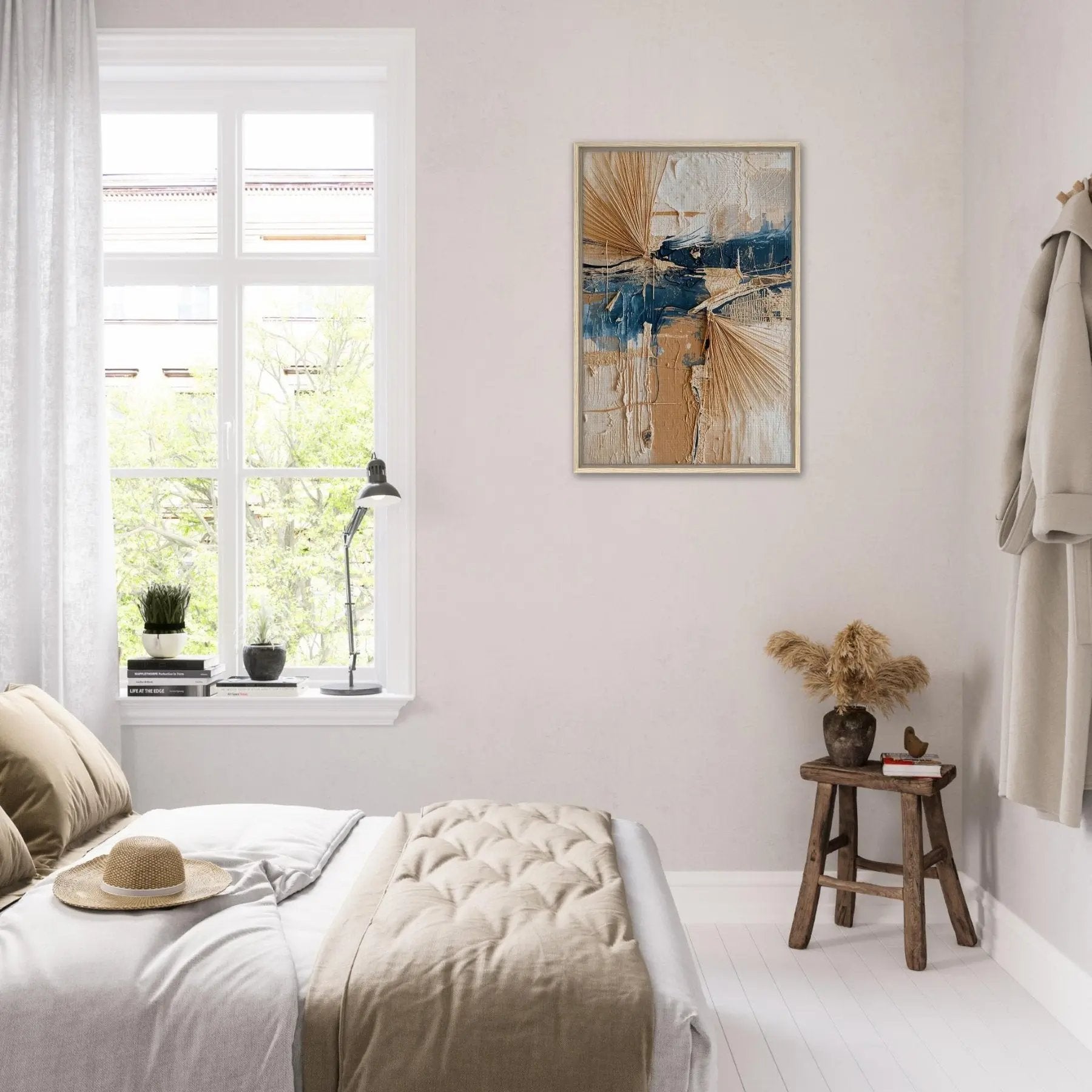 Comporta wall art by Sissi Caya displayed in a minimalist bedroom with natural tones, inspired by Portugal’s serene coastal landscapes.