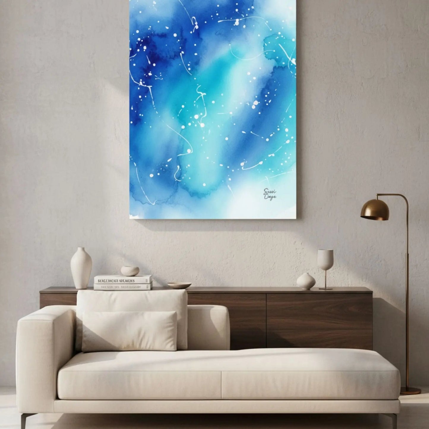 Inner Peace Blue Sky limited edition canvas in a modern living room, abstract art creating a soothing and refreshing atmosphere.