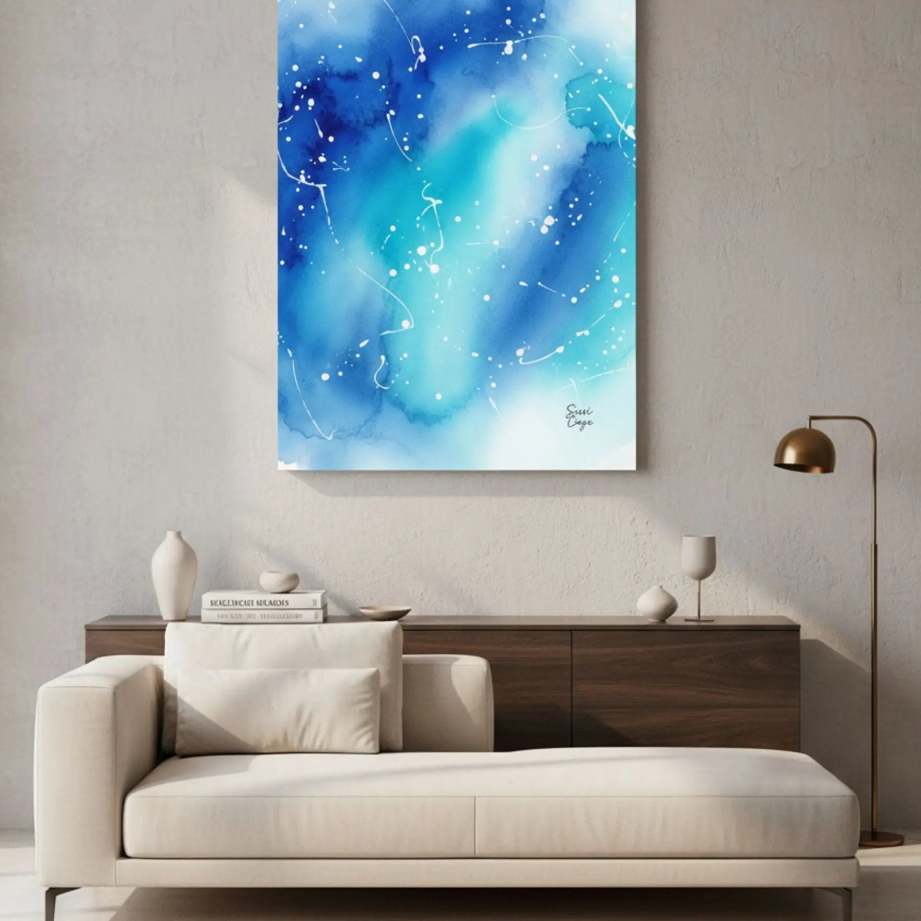 Inner Peace Blue Sky limited edition canvas in a modern living room, abstract art creating a soothing and refreshing atmosphere.