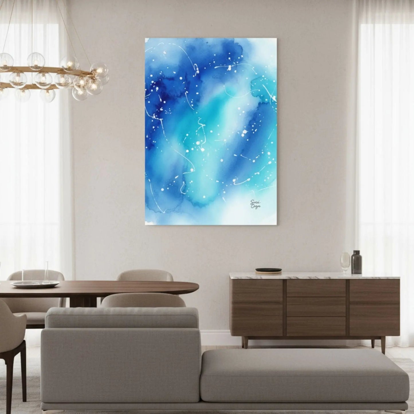 Inner Peace Blue Sky limited edition abstract canvas in a refined dining room, bringing harmony, light, and balanced energy to the space.