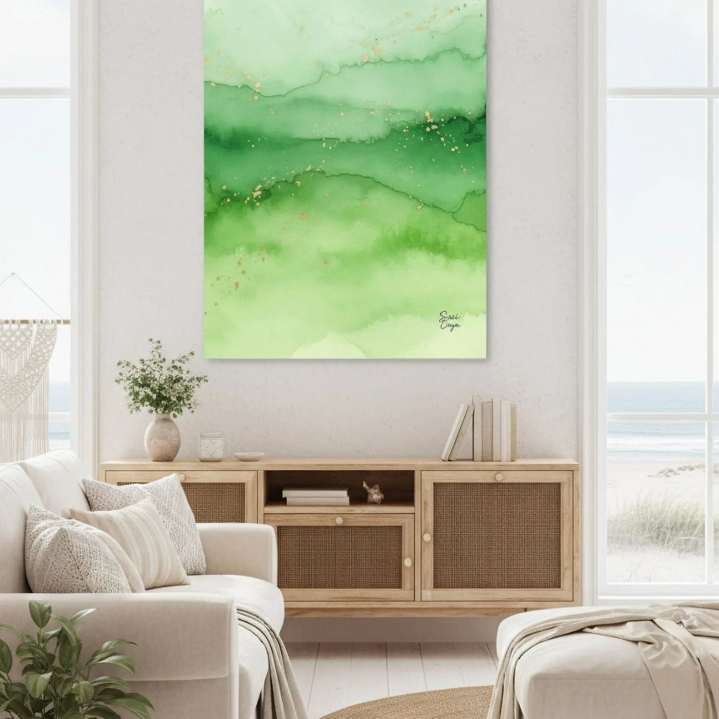 Inner Peace Green Breeze limited edition canvas in a bright beach house living room, abstract art in green and white tones radiating freshness and natural harmony.