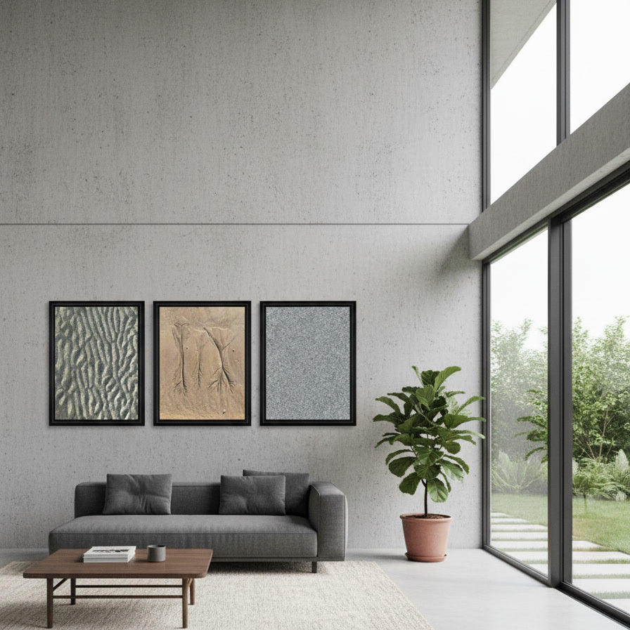 Brazilian sand triptych - Sediment Stillness Atlantic Fractal and Morro Earth Rhythm displayed together in modern living room - Sensorial Atelier
